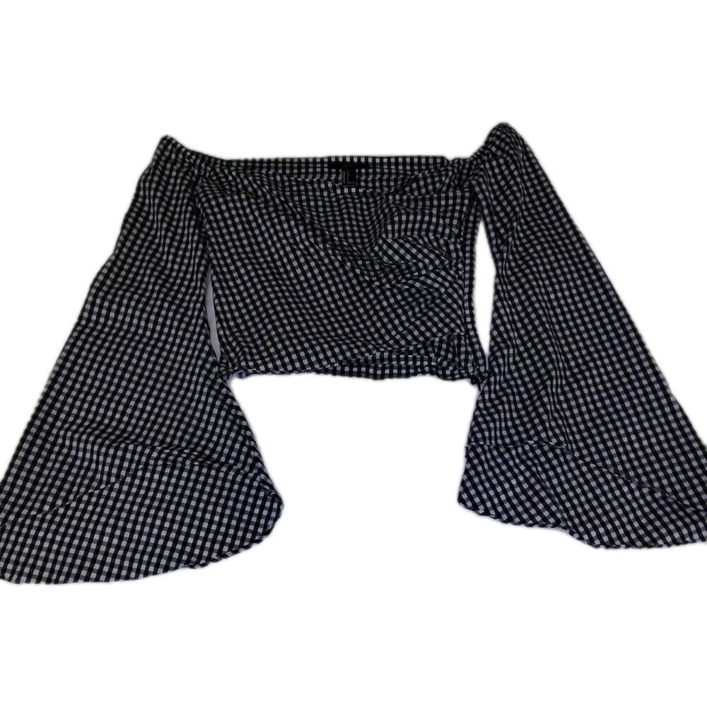 Forever 21 Gingham Crop Top Off Shoulder Bell Sleeve Black White S